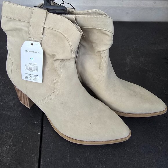 Time and Tru Women's Bone Suede Block Heel Pull On Western Slouch Boots Size 10 - Picture 1 of 1